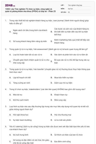 1000+ câu Trắc nghiệm Tổ chức sự kiện, công nghệ và quản trị phòng khám nha khoa (PPD4) có đáp án - Phần 25