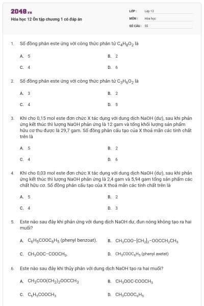 Hóa học 12 Ôn tập chương 1 có đáp án