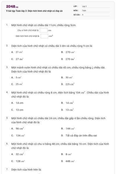 9 bài tập Toán lớp 3: Diện tích hình chữ nhật có đáp án