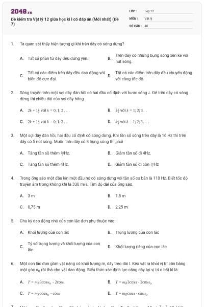 Đề kiểm tra Vật lý 12 giữa học kì I có đáp án (Mới nhất) (Đề 7)