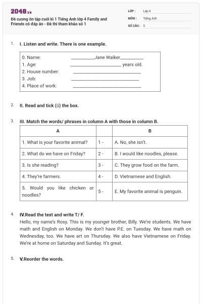 Đề cương ôn tập cuối kì 1 Tiếng Anh lớp 4 Family and Friends có đáp án - Đề thi tham khảo số 1