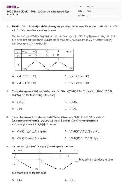 Bộ 20 đề thi Giữa kì 1 Toán 12 Chân trời sáng tạo có đáp án - Đề 14