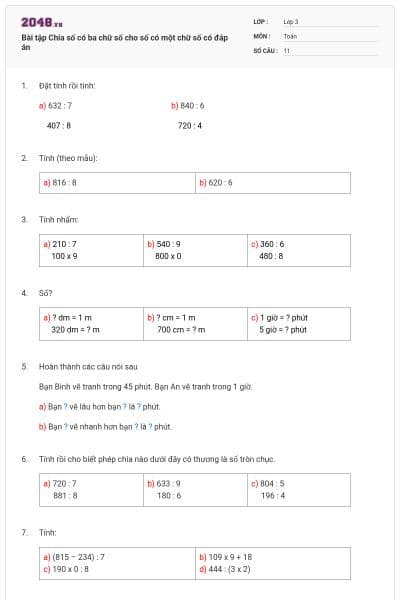 Bài tập Chia số có ba chữ số cho số có một chữ số có đáp án