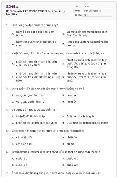 Bộ đề TN luyện thi THPTQG 2019 KHXH - có đáp án cực hay (Địa Lí)