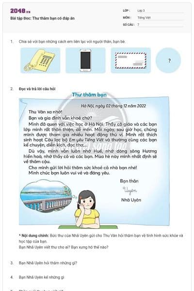 Bài tập Đoc: Thư thăm bạn có đáp án