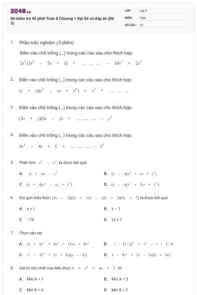 Đề kiểm tra 45 phút Toán 8 Chương 1 Đại Số có đáp án (Đề 3)