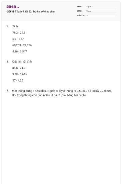 Giải VBT Toán 5 Bài 52: Trừ hai số thập phân