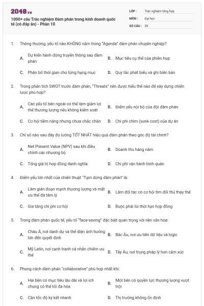 1000+ câu Trắc nghiệm Đàm phán trong kinh doanh quốc tế (có đáp án) - Phần 10