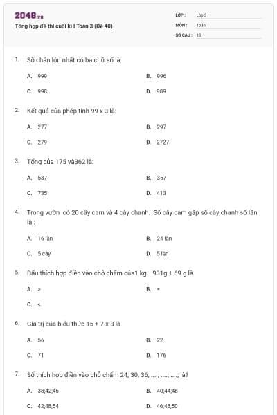 Tổng hợp đề thi cuối kì I Toán 3 (Đề 40)
