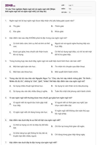 10 câu Trắc nghiệm Ngôn ngữ nói và ngôn ngữ viết (Nhận biết ngôn ngữ nói và ngôn ngữ viết) (có đáp án)