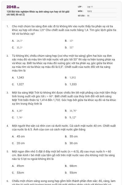 128 Bài trắc nghiệm Khúc xạ ánh sáng cực hay có lời giải chi tiết( đề số 2)