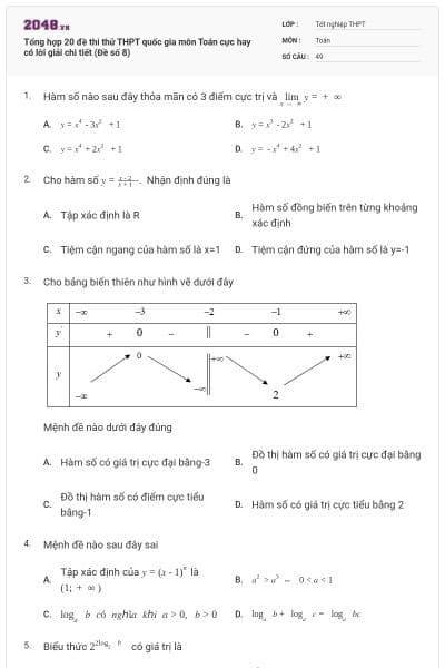Tổng hợp 20 đề thi thử THPT quốc gia môn Toán cực hay có lời giải chi tiết (Đề số 8)