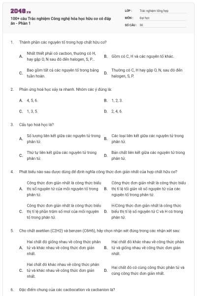 100+ câu Trắc nghiệm Công nghệ hóa học hữu cơ có đáp án - Phần 1