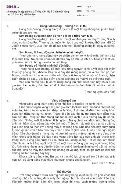 Đề cương ôn tập giữa kì 2 Tiếng Việt lớp 5 Chân trời sáng tạo (có đáp án) - Phần đọc