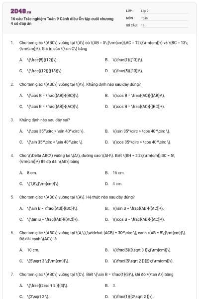 16 câu Trắc nghiệm Toán 9 Cánh diều Ôn tập cuối chương 4 có đáp án