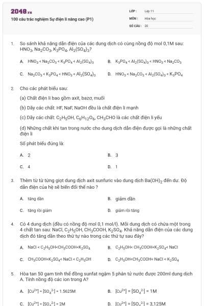 100 câu trắc nghiệm Sự điện li nâng cao (P1)