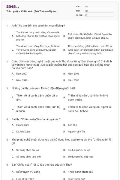Trắc nghiệm: Chiều xuân (Anh Thơ) có đáp án