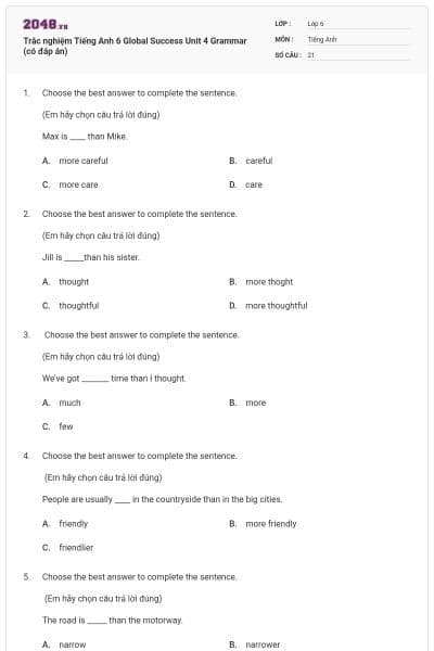 Trắc nghiệm Tiếng Anh 6 Global Success Unit 4 Grammar (có đáp án)