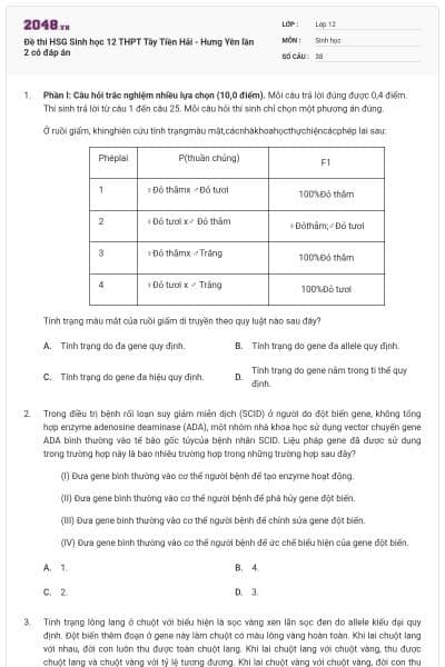 Đề thi HSG Sinh học 12 THPT Tây Tiền Hải - Hưng Yên lần 2 có đáp án