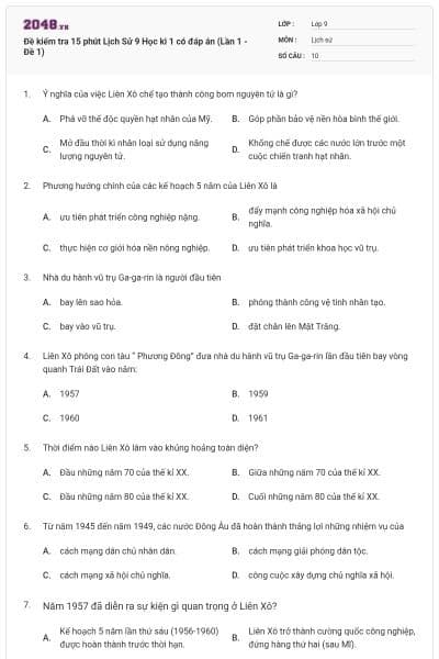 Đề kiểm tra 15 phút Lịch Sử 9 Học kì 1 có đáp án (Lần 1 - Đề 1)