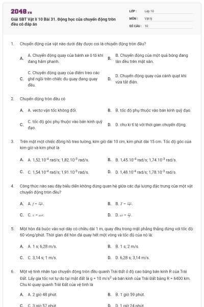 Giải SBT Vật lí 10 Bài 31. Động học của chuyển động tròn đều có đáp án