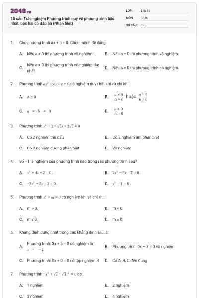 15 câu  Trắc nghiệm Phương trình quy về phương trình bậc nhất, bậc hai có đáp án (Nhận biết)