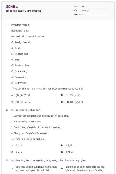 Đề thi giữa học kì 2 Sinh 12 (Đề 8)