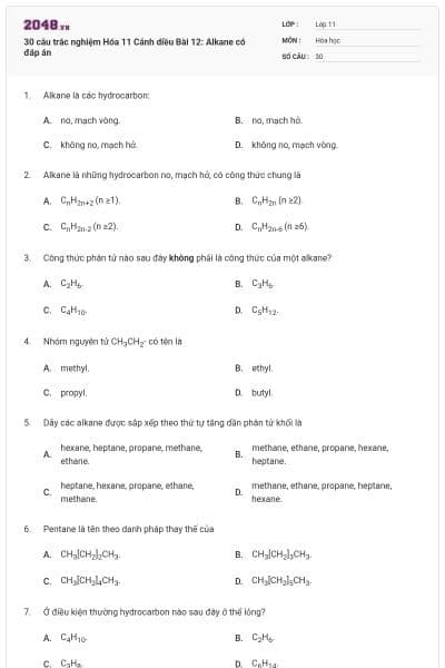 30 câu trắc nghiệm Hóa 11 Cánh diều Bài 12: Alkane có đáp án