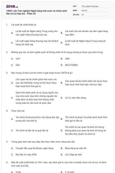 1000+ câu Trắc nghiệm Ngân hàng nhà nước và chính sách tiền tệ (có đáp án) - Phần 20