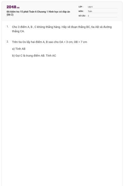 Đề kiểm tra 15 phút Toán 6 Chương 1 Hình học có đáp án (Đề 2)
