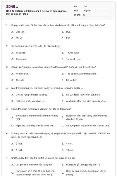 Bộ 3 đề thi Giữa kì 2 Công nghệ 8 Kết nối tri thức cấu trúc mới có đáp án - Đề 2