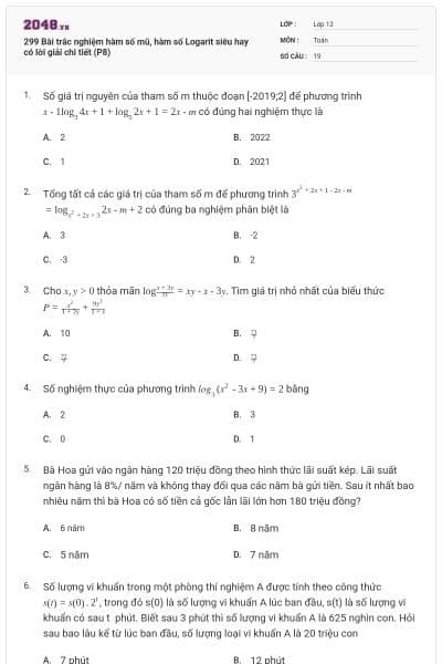 299 Bài trắc nghiệm hàm số mũ, hàm số Logarit siêu hay có lời giải chi tiết (P8)