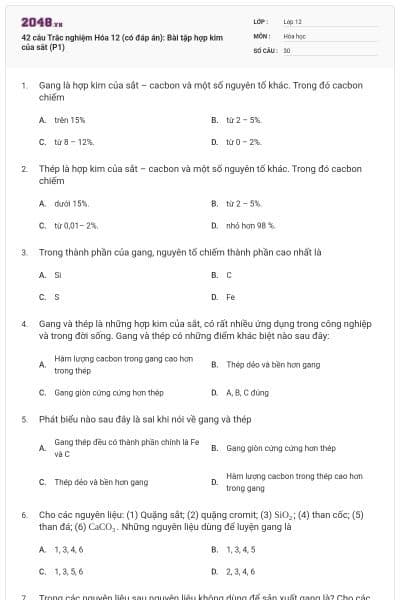 42 câu Trắc nghiệm Hóa 12 (có đáp án): Bài tập hợp kim của sắt (P1)