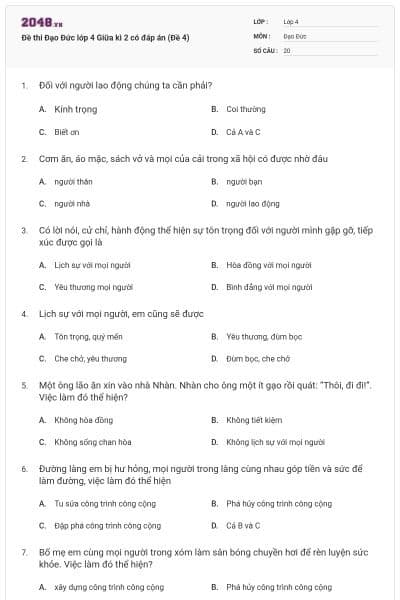 Đề thi Đạo Đức lớp 4 Giữa kì 2 có đáp án (Đề 4)