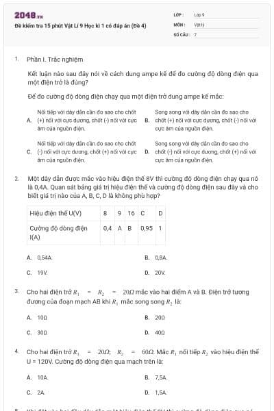 Đề kiểm tra 15 phút Vật Lí 9 Học kì 1 có đáp án (Đề 4)