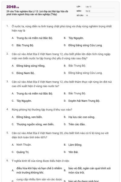 29 câu Trắc nghiệm Địa Lí 12: (có đáp án) Bài tập Vấn đề phát triển ngành thủy sản và lâm nghiệp (Tiếp)