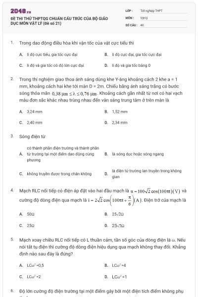 ĐỀ THI THỬ THPTQG CHUẨN CẤU TRÚC CỦA BỘ GIÁO DỤC MÔN VẬT LÝ (Đề số 21)