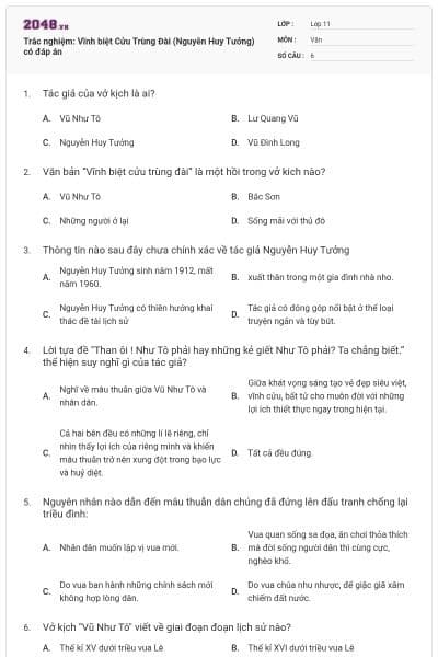 Trắc nghiệm: Vĩnh biệt Cửu Trùng Đài (Nguyễn Huy Tưởng) có đáp án
