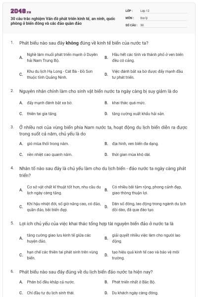 30 câu trắc nghiệm Vấn đề phát triển kinh tế, an ninh, quốc phòng ở biển đông và các đảo quần đảo