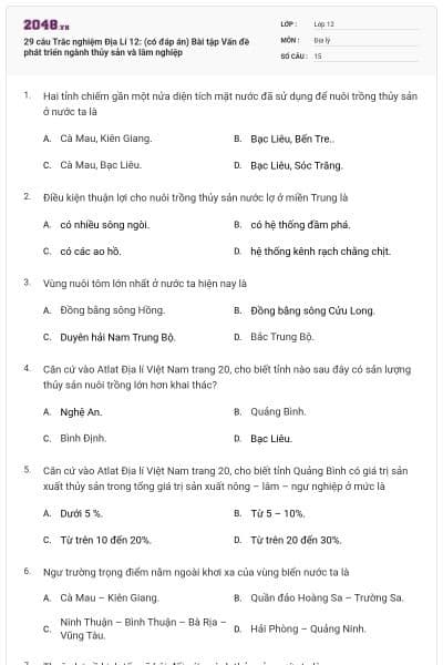 29 câu Trắc nghiệm Địa Lí 12: (có đáp án) Bài tập Vấn đề phát triển ngành thủy sản và lâm nghiệp
