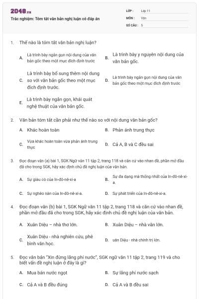 Trắc nghiệm: Tóm tắt văn bản nghị luận có đáp án
