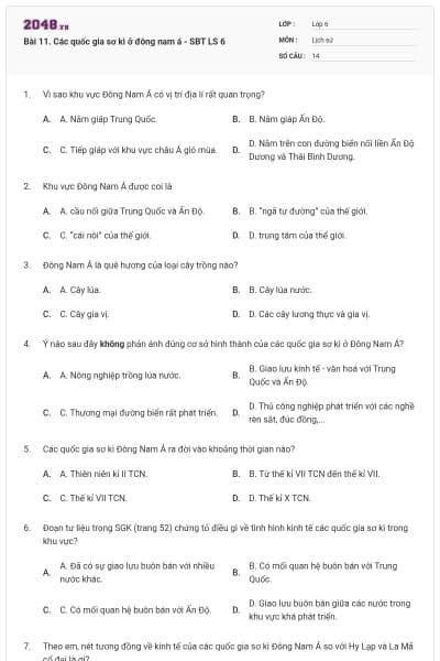 Bài 11. Các quốc gia sơ kì ở đông nam á - SBT LS 6