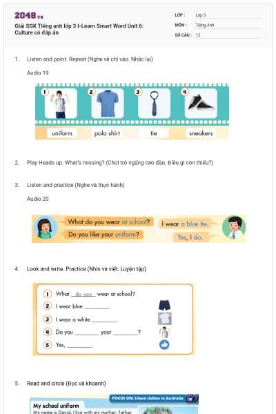 Giải SGK Tiếng anh lớp 3 I-Learn Smart Word Unit 6: Culture có đáp án