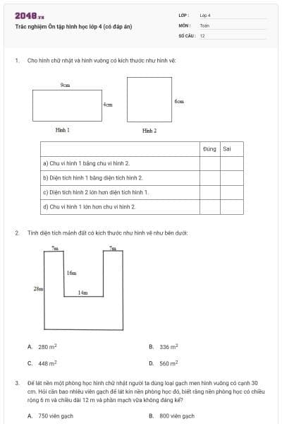 Trắc nghiệm Ôn tập hình học lớp 4 (có đáp án)