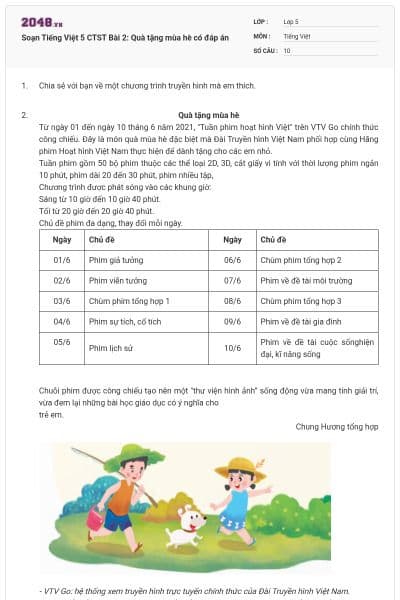 Soạn Tiếng Việt 5 CTST Bài 2: Quà tặng mùa hè có đáp án