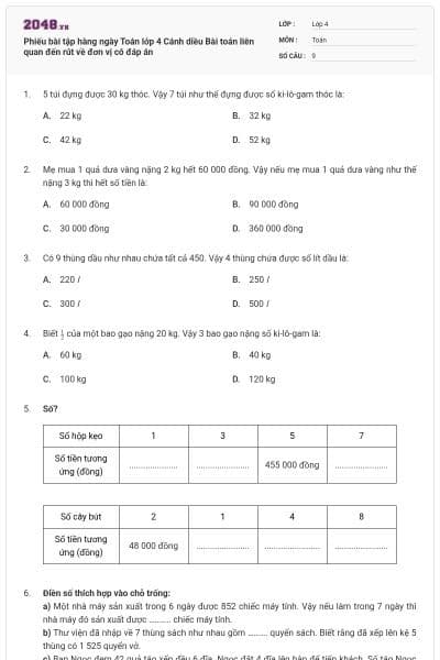 Phiếu bài tập hàng ngày Toán lớp 4 Cánh diều Bài toán liên quan đến rút về đơn vị có đáp án