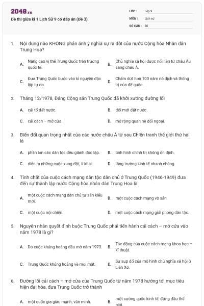 Đề thi giữa kì 1 Lịch Sử 9 có đáp án (Đề 3)