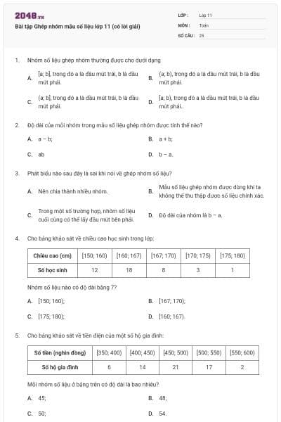 Bài tập Ghép nhóm mẫu số liệu lớp 11 (có lời giải)