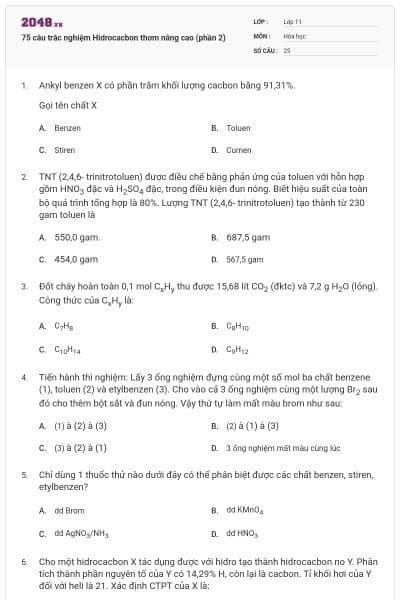 75 câu trắc nghiệm Hidrocacbon thơm nâng cao (phần 2)