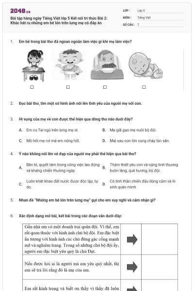 Bài tập hàng ngày Tiếng Việt lớp 5 Kết nối tri thức Bài 2: Khúc hát ru những em bé lớn trên lưng mẹ có đáp án